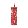 Owala Birthday Bash Marlu Giddy Up 24oz Tumbler in deep red with cream illustrated cowboy boots, horseshoes, ribbons, and stars, terracotta lid, and pink straw