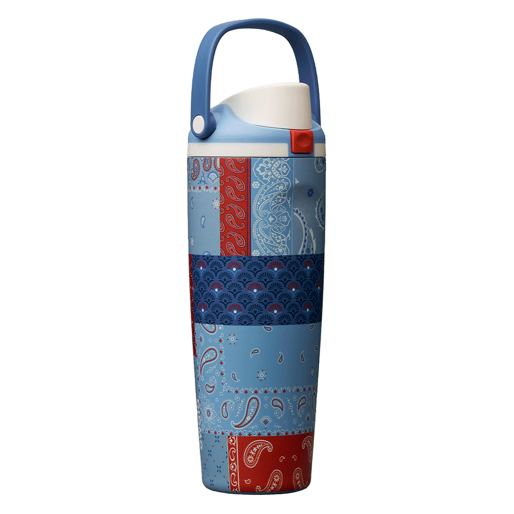 Owala FreeSip Sway 30oz, red, white, and blue paisley bandana patchwork body with white flip cap and light blue lid