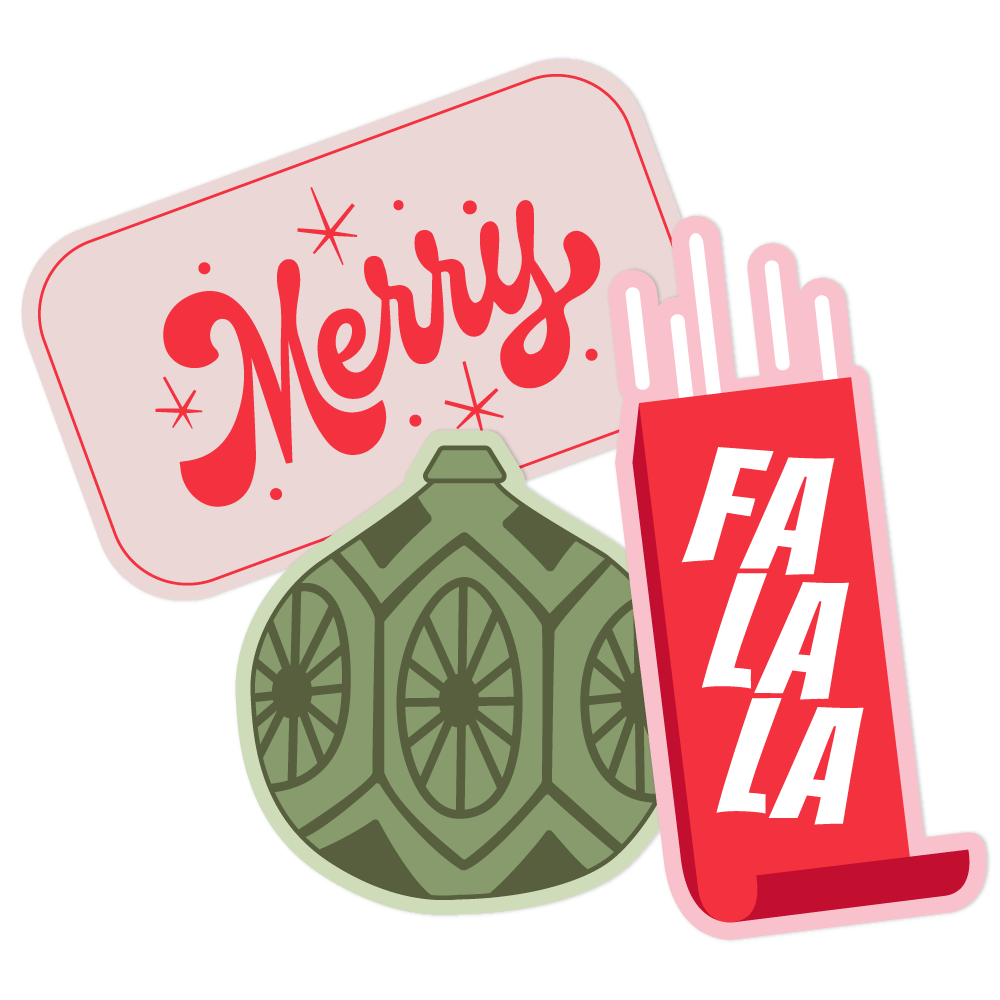Holiday Sticker Pack illustration; \Merry\ pink rectangle with red script, green vintage Christmas ornament, and red \Fa La La\ tall rectangle stickers arranged together