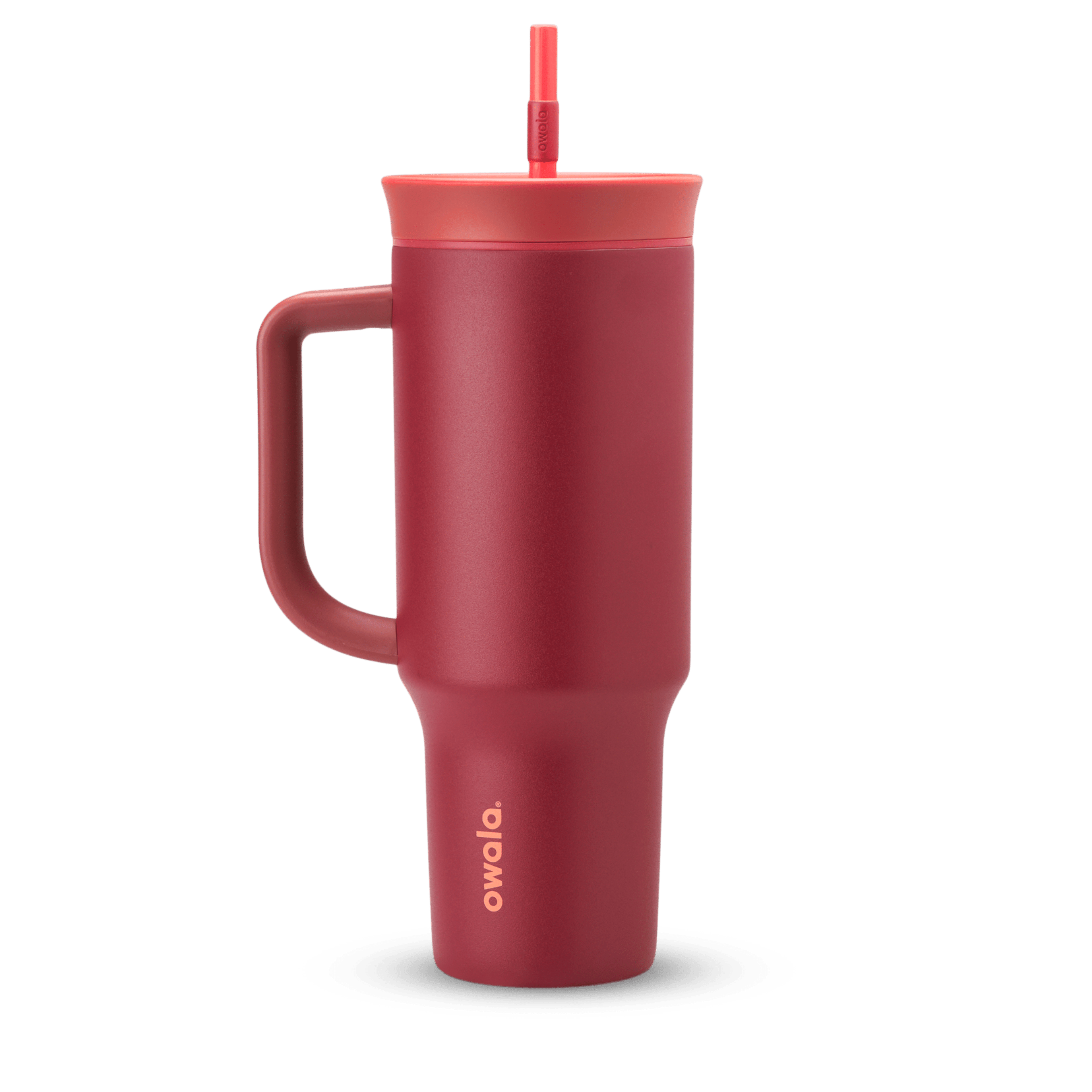 40oz Tumbler in Holly Berry, deep cranberry red insulated tumbler with matching red handle, coral-toned lid, and straw