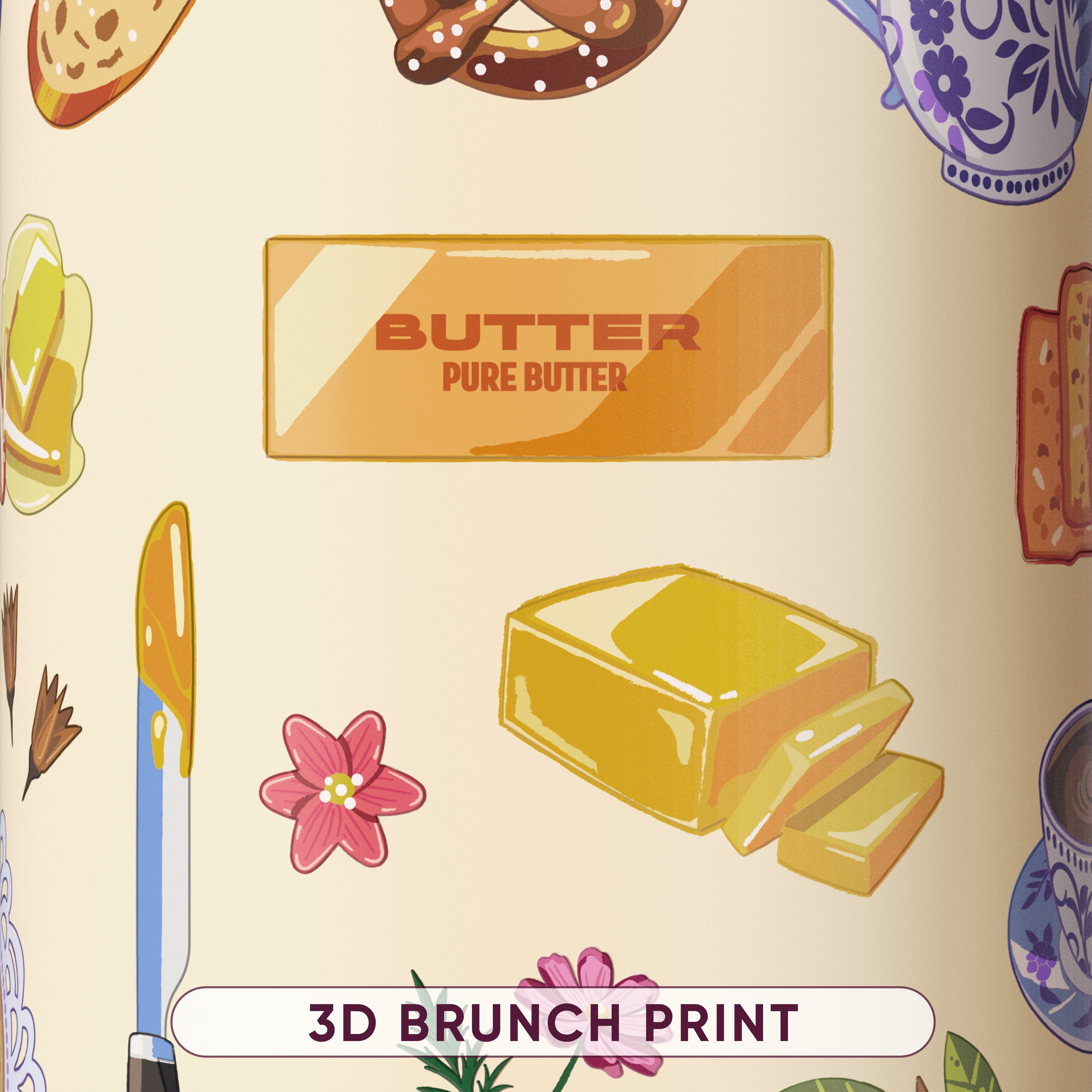 Close-up of the Brunch Bunch 3D brunch print pattern showing illustrations of butter, bread, pretzels, flowers, and teacups on a cream background