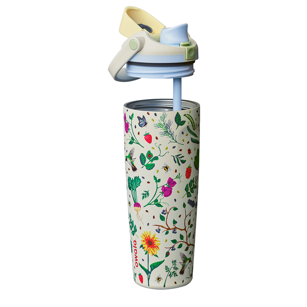 Owala FreeSip Sway 30oz exploded view, cream body with garden pattern shown with lid lifted off revealing the silicone straw and stainless steel interior