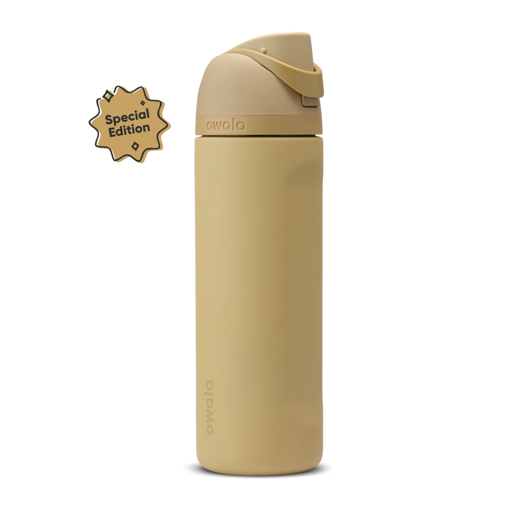 FreeSip 24oz Autumn Vista; warm sandy tan body with matching tan flip cap, lighter cream-tan carry loop, and tan lid