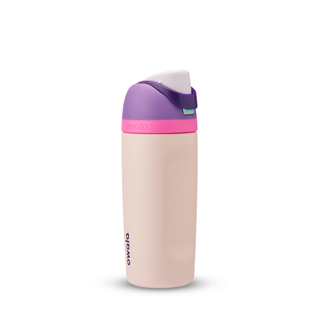 Kids FreeSip 16oz in Bunny Business, pale blush cream insulated bottle with hot pink accent band, purple lid and carry loop, and pale pink flip cap