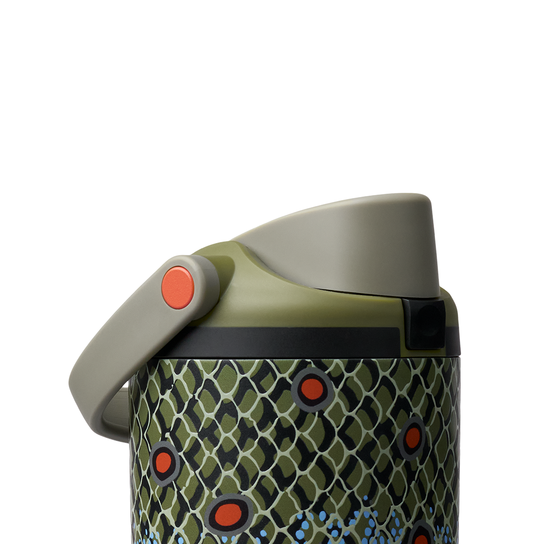 Owala FreeSip Sway 40oz in Off the Hook, lid detail showing olive flip cap, olive carry loop, and orange push-button over fish-scale patterned body