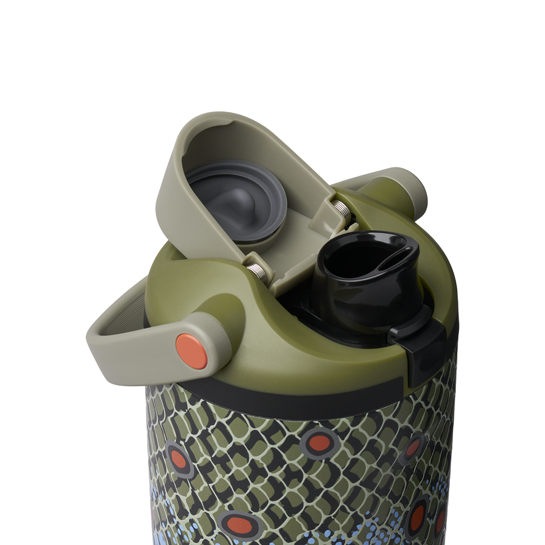 Owala FreeSip Sway 40oz in Off the Hook, olive flip cap open exposing black FreeSip spout over fish-scale patterned body