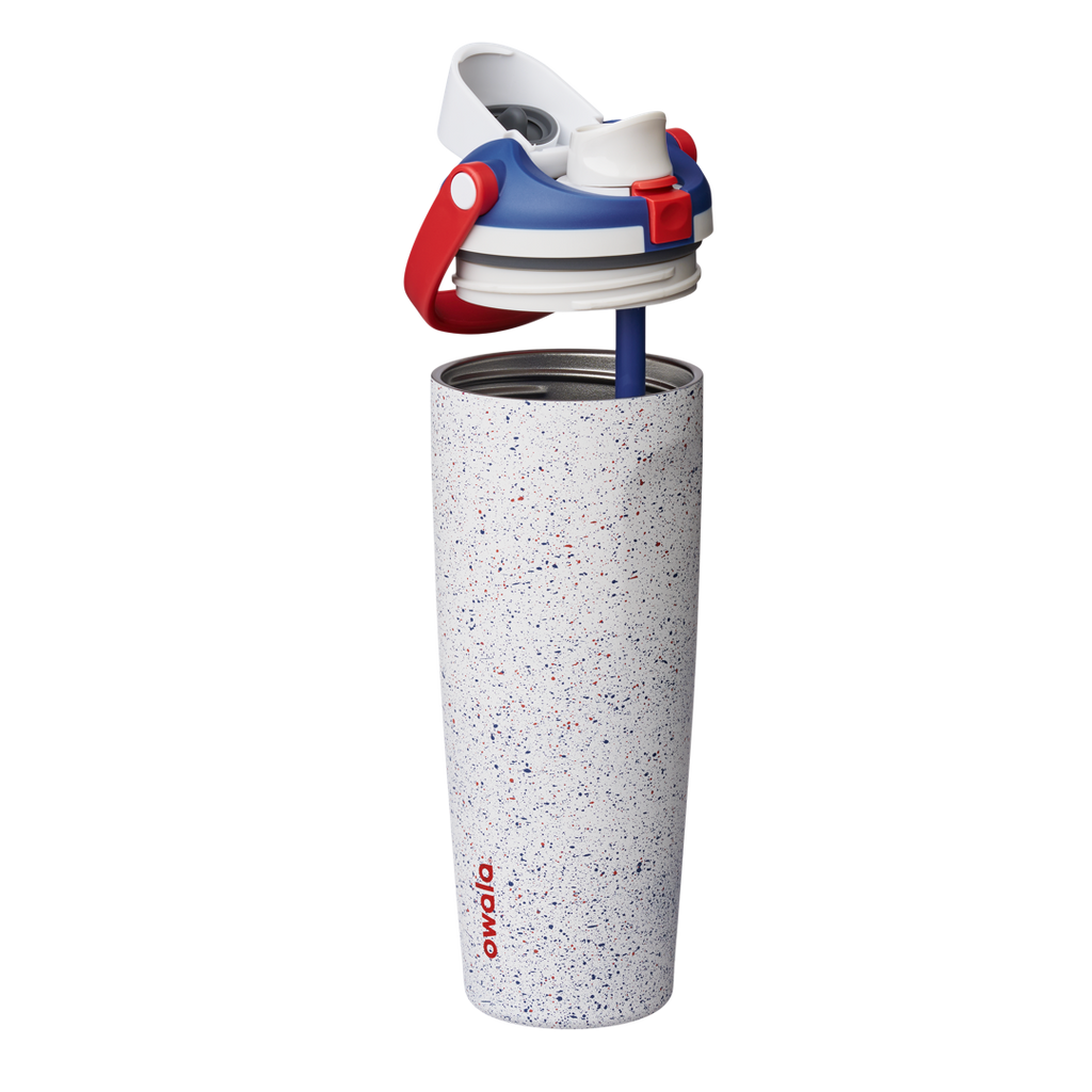 Splash of Liberty Owala FreeSip Sway 30oz with red, white and blue speckled body, red carry loop and blue lid