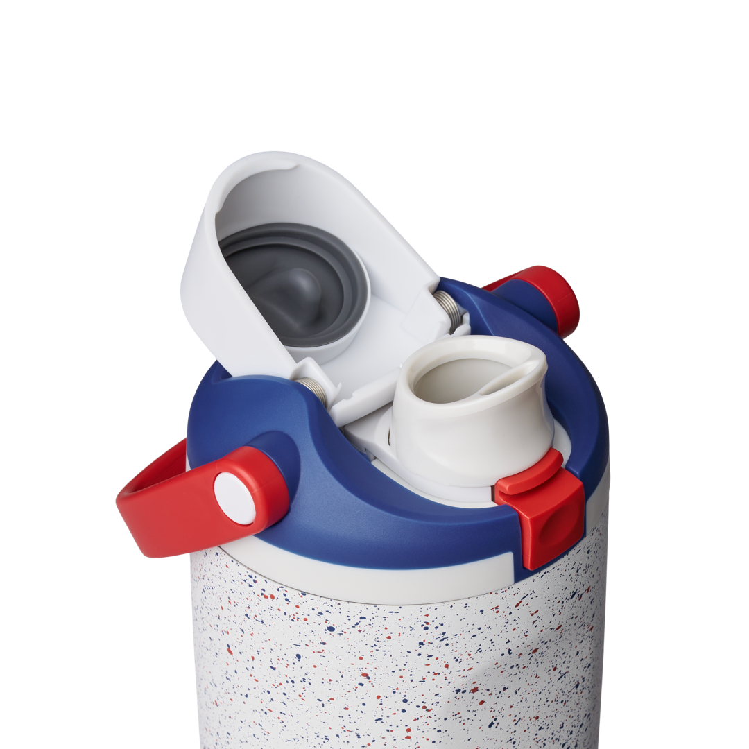 Splash of Liberty Owala FreeSip Sway 30oz with lid open, showing the FreeSip spout, red-white-and-blue speckled body and red push-button