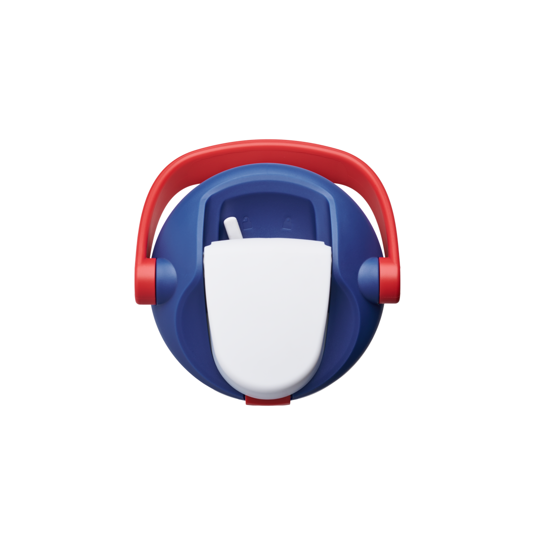 Top-down lid view of Splash of Liberty Owala FreeSip Sway 30oz showing the navy blue lid with red carry loop