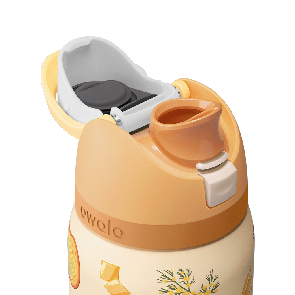 Owala FreeSip 32oz in Brunch Bunch, close-up with the flip cap open showing the peach FreeSip spout