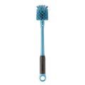 2-in-1 Bottle Brush; medium blue long-handled bottle brush with dark gray grip and blue loop ring at base