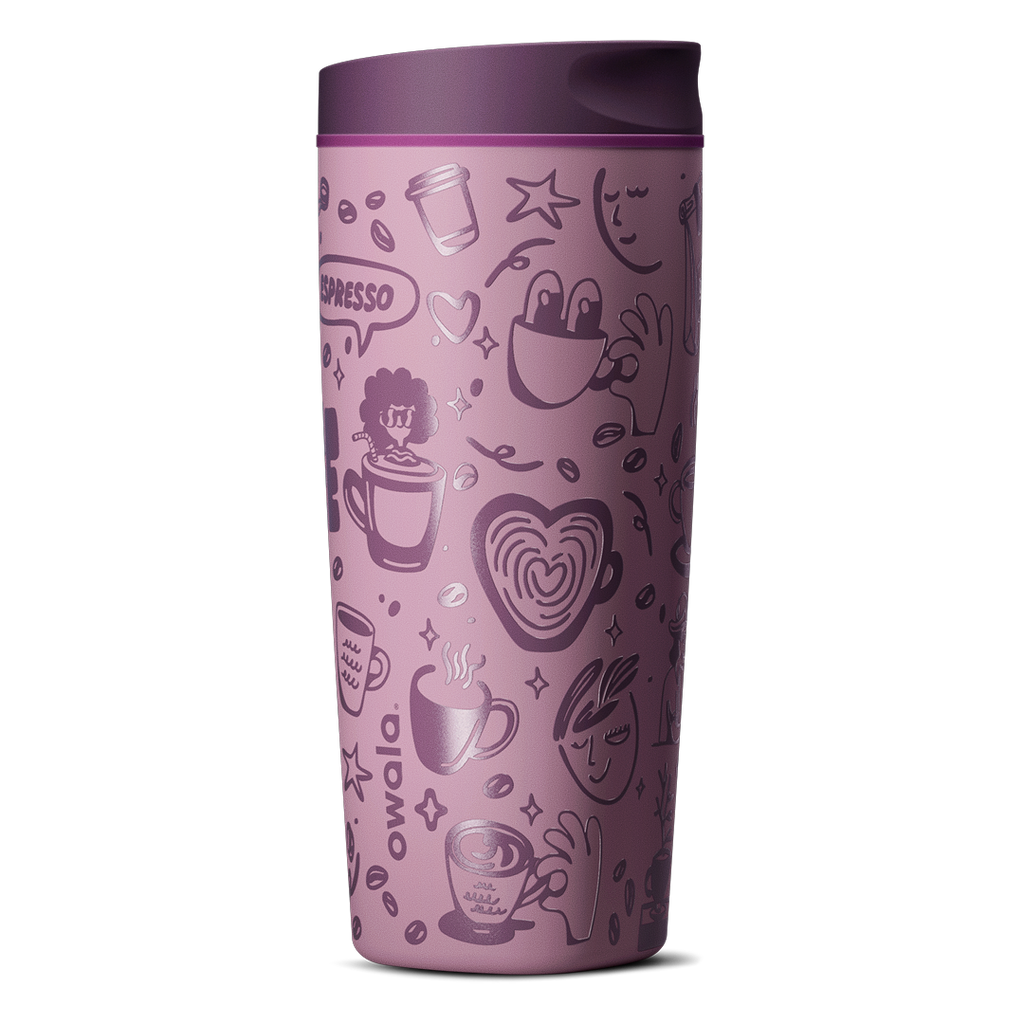 Owala SmoothSip Slider 20oz, mauve purple body with coffee-themed illustrations, dark purple lid with mauve slider button