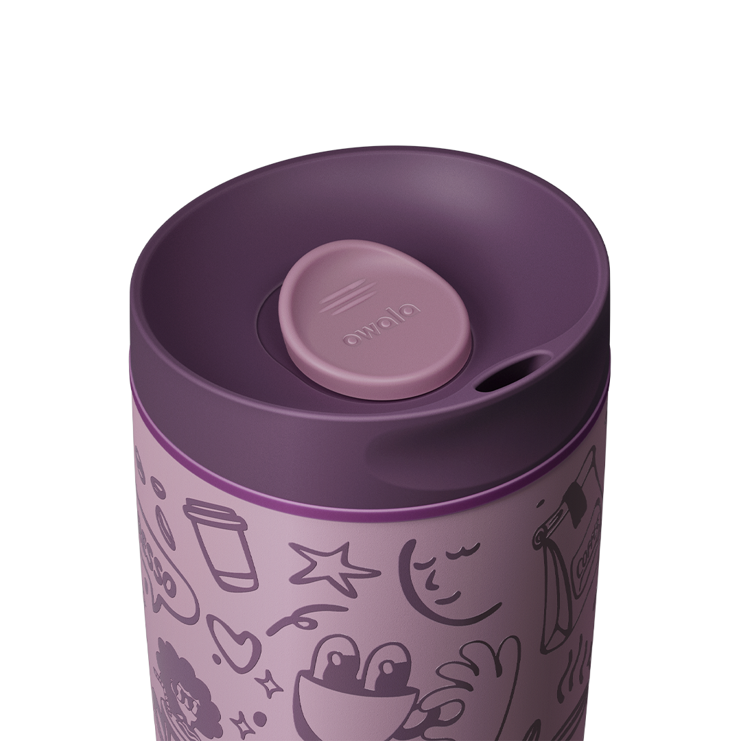 Owala SmoothSip Slider 20oz top-down view, dark purple lid with mauve slider button slid open revealing the sip hole
