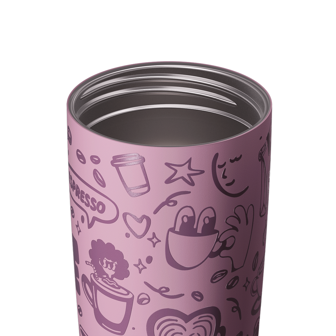 Owala SmoothSip Slider 20oz with lid removed, showing stainless steel interior and mauve purple body with coffee-themed illustrations