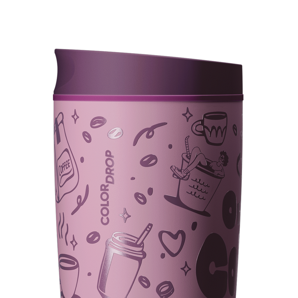 Owala SmoothSip Slider 20oz close-up, mauve purple body with coffee-themed illustrations and Color Drop wordmark, dark purple lid