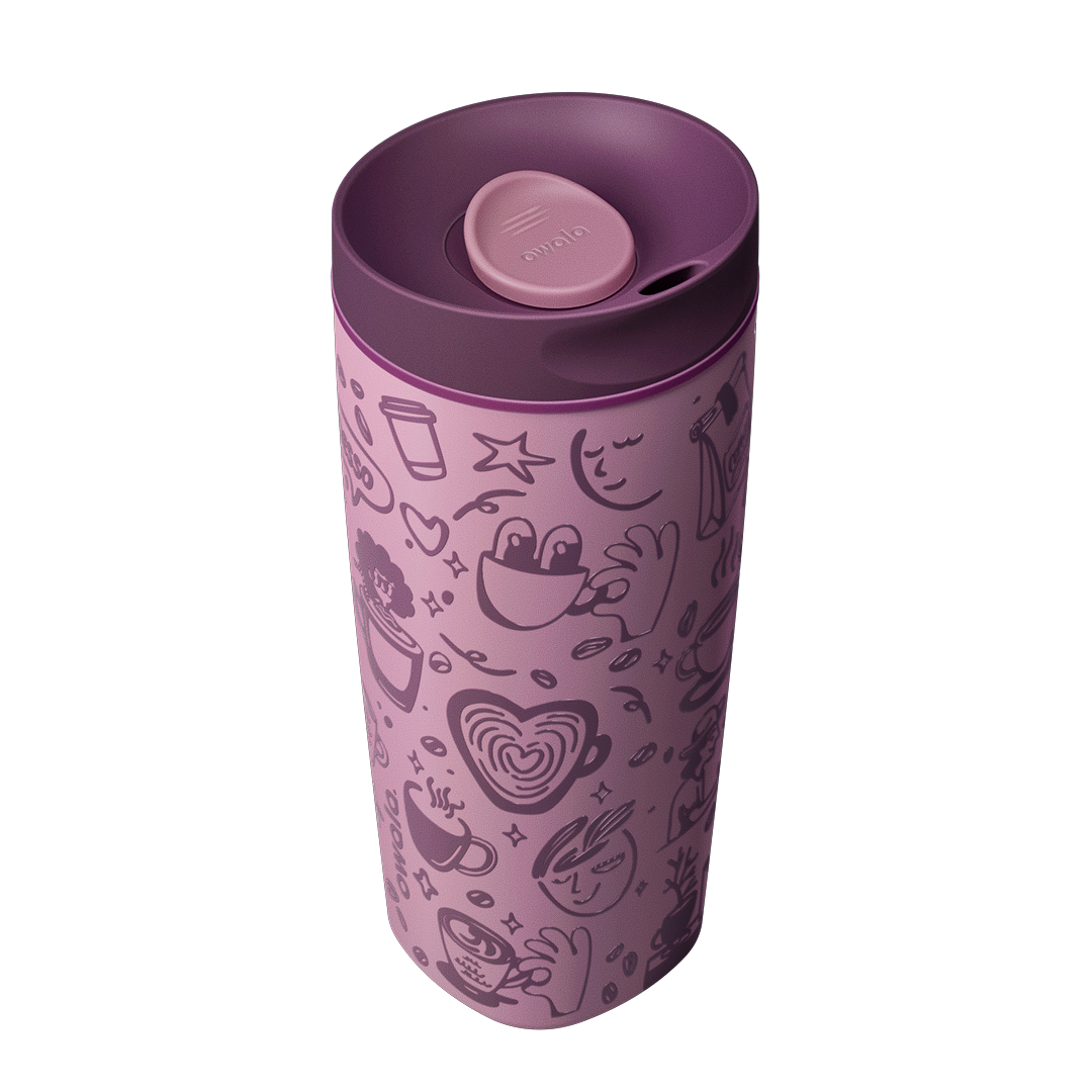 Owala SmoothSip Slider 20oz angled view, mauve purple body with coffee-themed illustrations and dark purple lid with mauve slider button