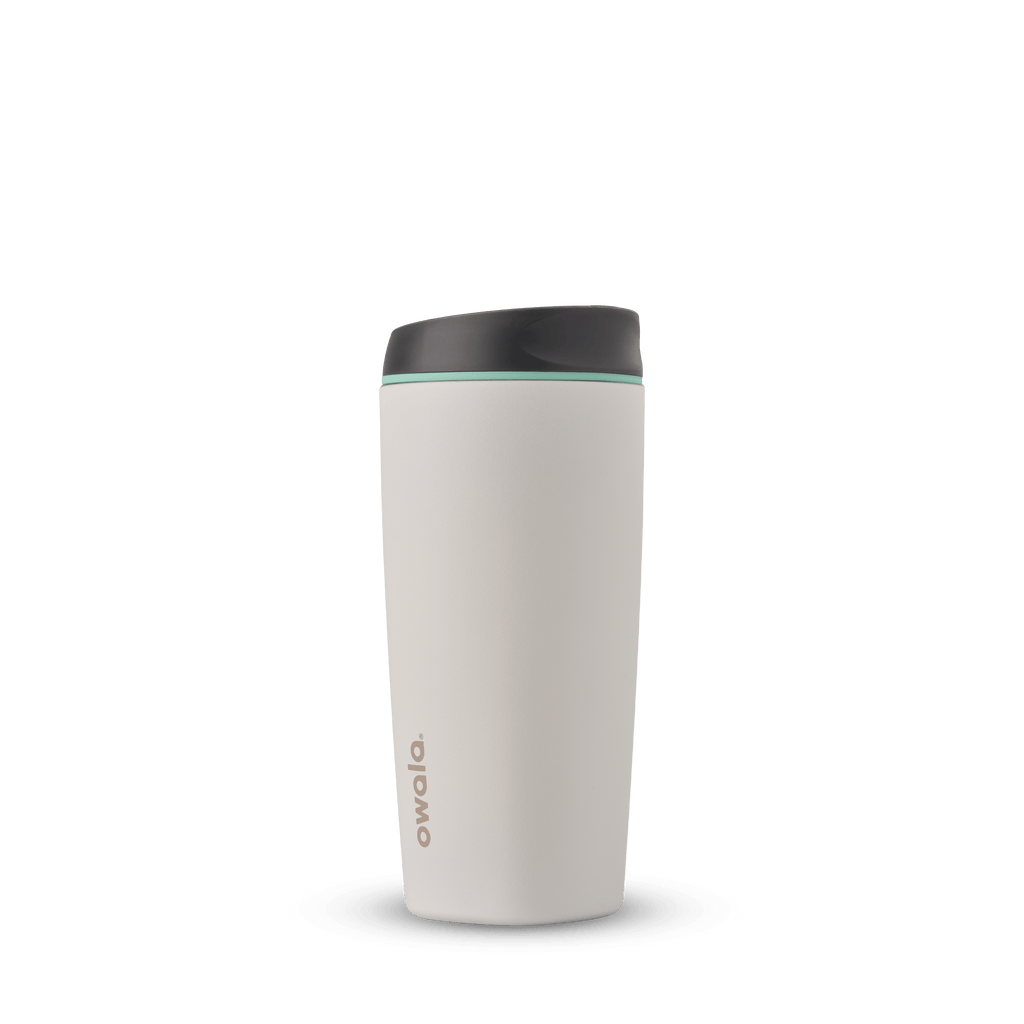 SmoothSip 20oz in Cloudscape, off-white cream tumbler body with charcoal gray flip-style lid and mint green accent ring