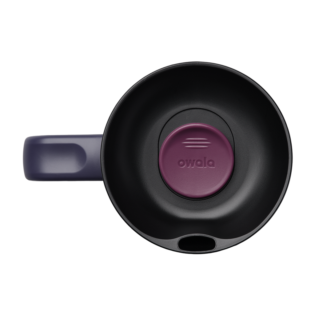 Owala SmoothSip Slider with Handle 24oz in Burgundy Bay, top-down view of black lid with purple slider button and sip hole, navy handle visible at rim