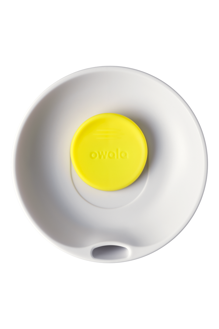 Owala SmoothSip Slider lid top-down view in Peachy Keen, very light gray lid with bright yellow slider button and small sip hole