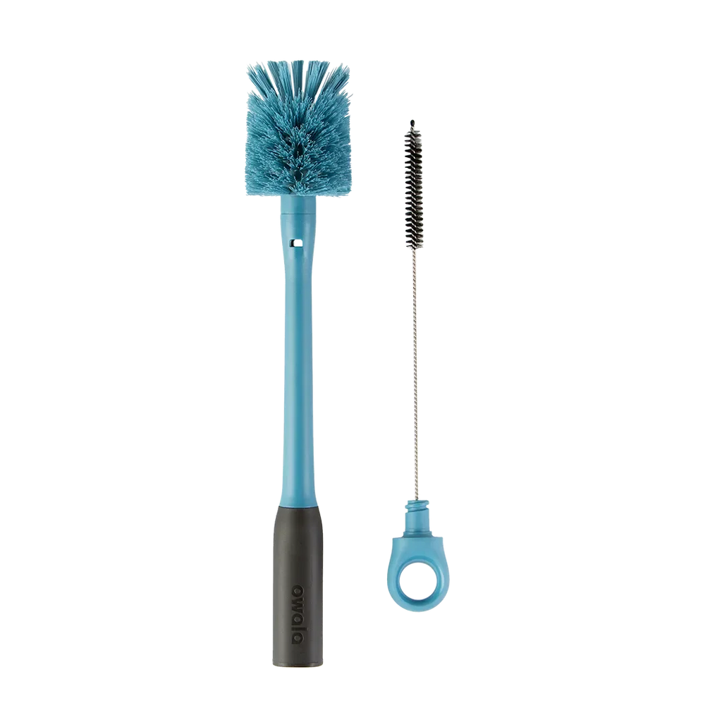 Owala 2-in-1 Bottle Brush in teal blue, large bristle brush with teal handle and dark gray grip beside small straw cleaner with teal ring handle