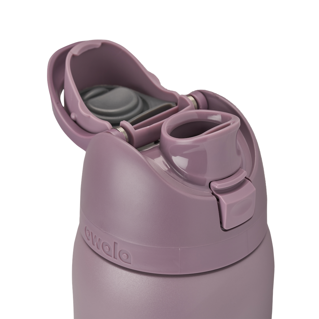 Owala FreeSip 32oz in Spring Revival, lid open detail showing dusty mauve flip cap open exposing the FreeSip spout with dark gray interior