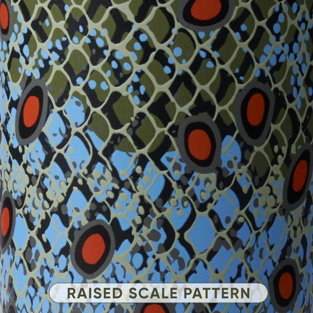 Close-up of fish-scale patterned bottle body in olive green, blue, and orange, labeled Raised Scale Pattern