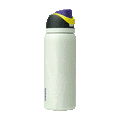 Owala FreeSip 32oz in RIP, flip cap open showing yellow-green FreeSip spout, purple lid interior with gray silicone seal, dark charcoal lid, on pale mint green body with white skeleton-hand pattern; glows in the dark